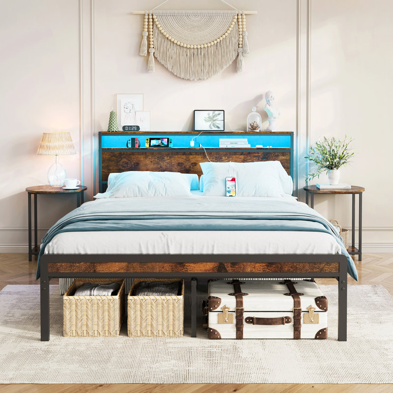 Full Size Bed Frame With Led Lighting, 2 Ports, And Antique Brown Finish - Iron Frame, Mattress Sliding, Quick Setup Charging Function, Rustic Color, Headboard, Strong Support, No Creaking