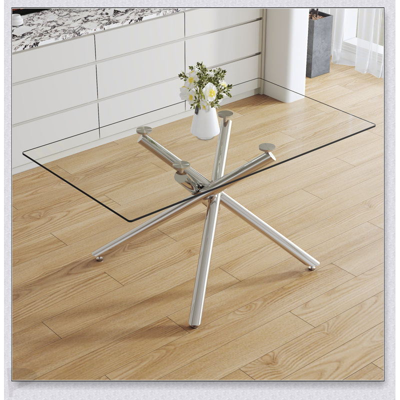 Large Rectangular Glass Dining Table with Tempered Glass Top & Metal Legs – Modern Minimalist, Multi-Purpose for Dining/Living/Meeting