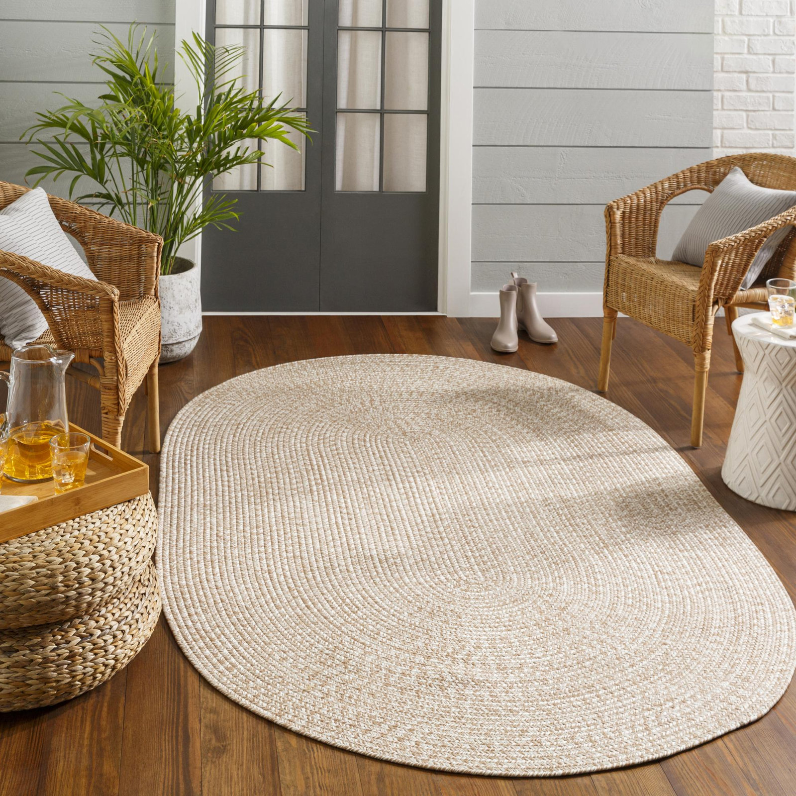Leroux Beige Indoor/Outdoor Rug, Oval 5' x 7'6"