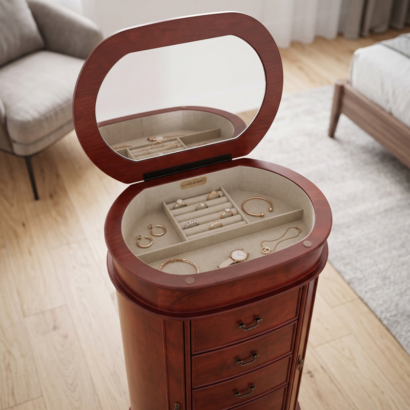 Armoire à bijoux autoportante ovale avec miroir Highfill, Cerisier
