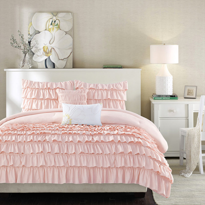 Édredon et oreiller Blush Ruffled, Édredon de grand lit + 4 pièces additionnelles