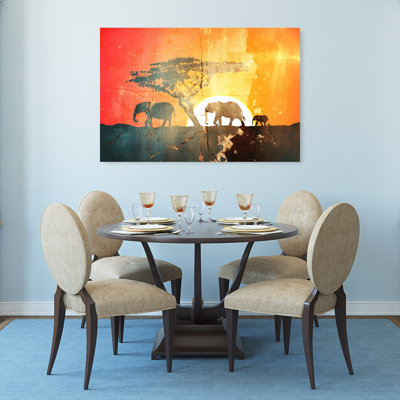 Coucher de soleil africain, éléphants dramatiques, paysage rustique d'éléphants, art mural nature