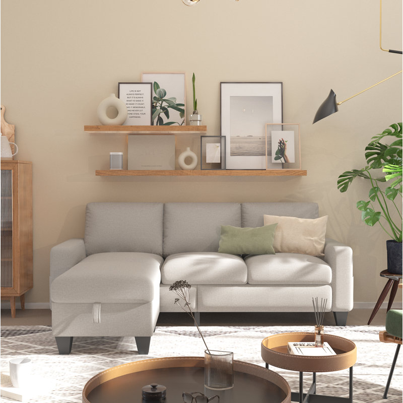 Canapé modulaire réversible avec repose-pieds Adelyna, Mélange de lin beige