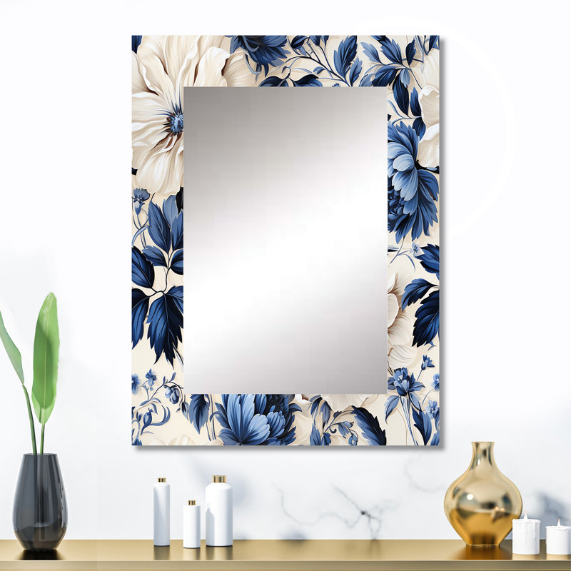 Lam Cobalt Blue Renaissance Florals Victorian Pattern - Floral Decorative Mirror, Cottage Large Wall Mirror, Printed Metal Art