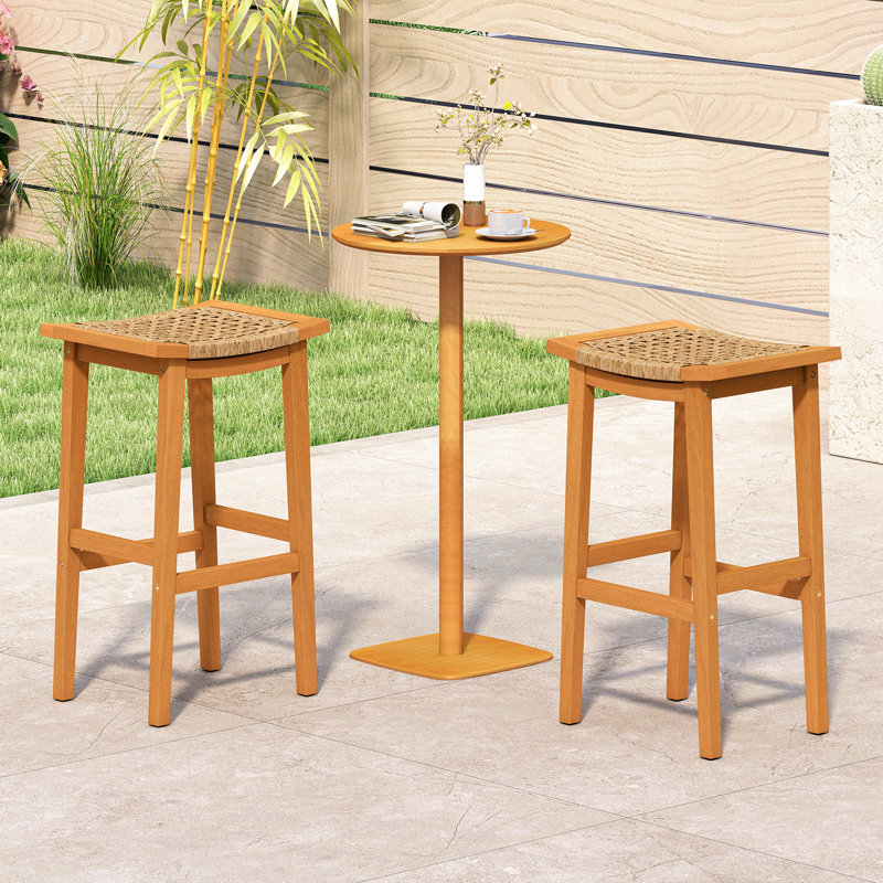 Ensemble de 2 tabourets de bar en bois d'acacia Gymax pour l'extérieur avec sièges et dossiers en rotin PE, 2
