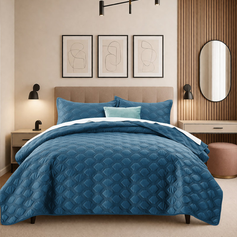 Reversible Diamond Embossed Bedspread Set – Geometric Quilt With Shams, King Bedspread Set with 2 Pillow Shams