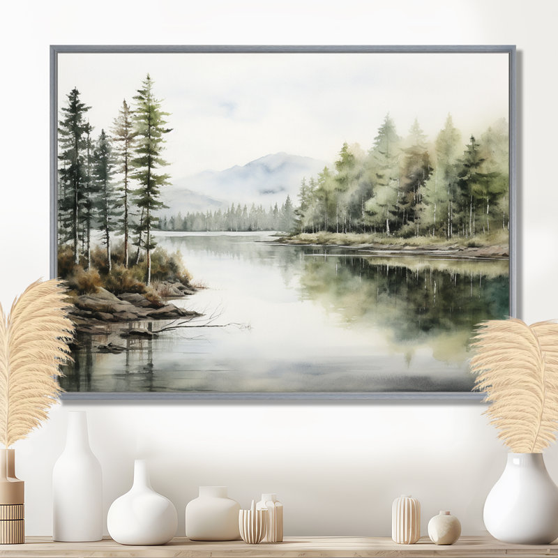 Scandinavian Lake Tranquility sur impression sur toile, H 34 po x l 44 po x P 1,5 po, Encadrement argenté