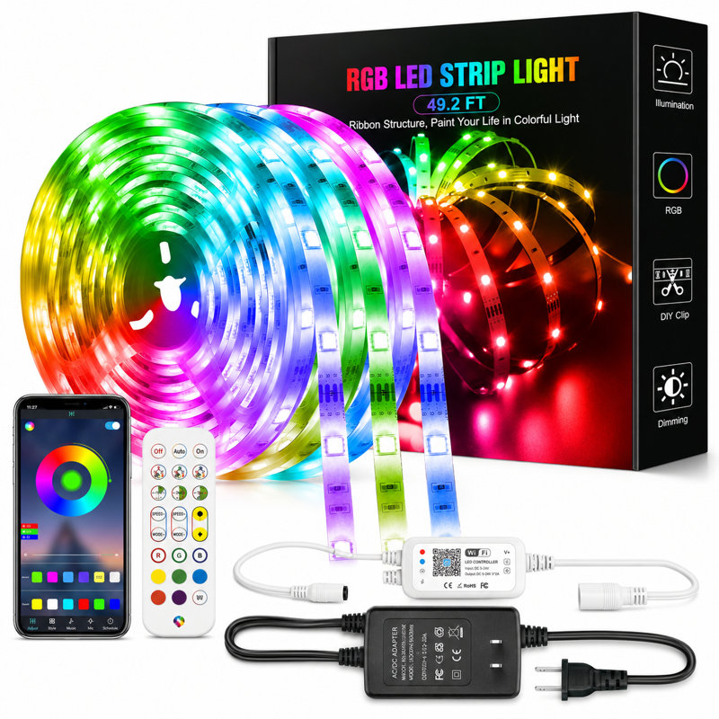 49.2FT Smart WiFi LED Strip Tape Lights - Music Synced RGBW Color Changing, & App Control (3-Pack Rolls, Cuttable)