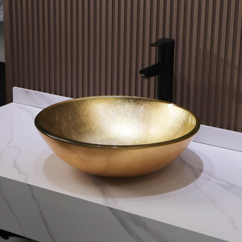 Lavabo de salle de bain en verre trempé circulaire 16,5 "x 16,5" avec bonde escamotable et robinet de lavabo, Or rétro