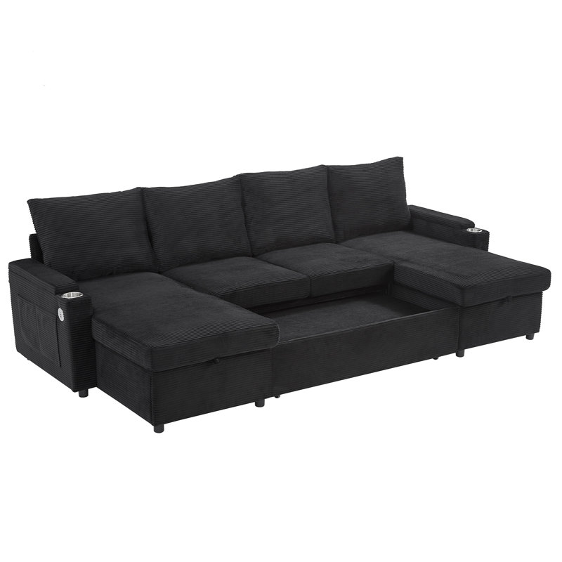 109.5" U-Shaped Sectional Sofa, Black Corduroy