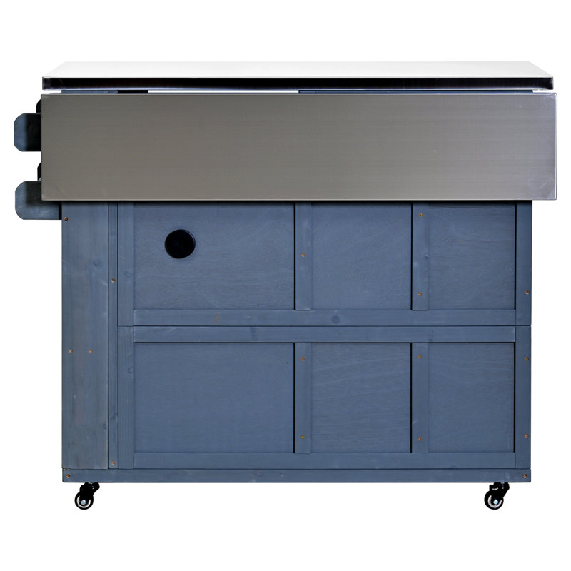 Outdoor Solid Wood Extendable 19.3''/28'' Kitchen Island, Stainless Steel Top Grill Table with Side Spice Rack, Kitchen Cart with Drawers, Storage Cabinet for Backyard, BBQ,Party