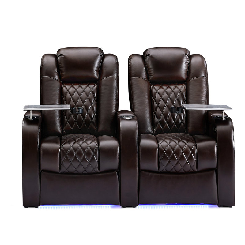 64" Wide Genuine Leather Home Theatre Seating with Cup Holder , Coffee Genuine Leather