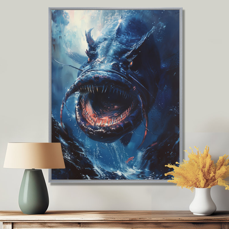 «Blue Deep Giant Fish Monster», art mural Sea Creatures, H 32 po x l 24 po x P 1 po, Encadrement argenté