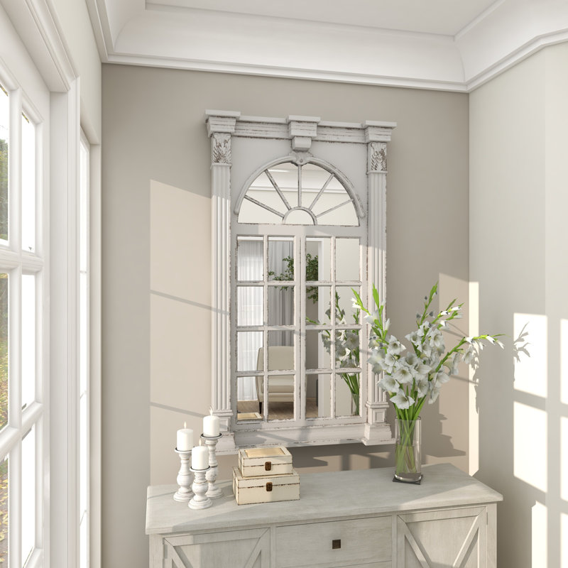 Karlstad Cream Wood Vintage Scrolled Window Pane Room Wall Mirror with Arched Top and Columns 52" x 37"