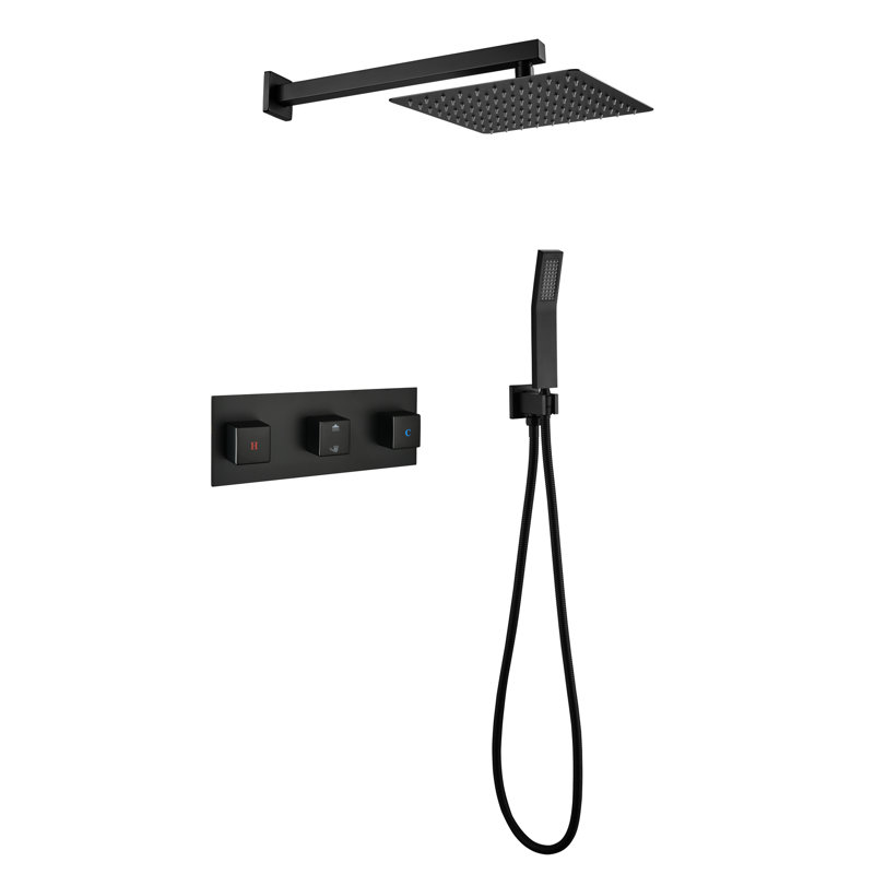 Brass Matte Black Bathroom Valve - 10 Inch Rainfall Shower Head With Handheld , Luxury Rain Mixer , Self-Cleaning Nozzle, Wall Mounted Unit
