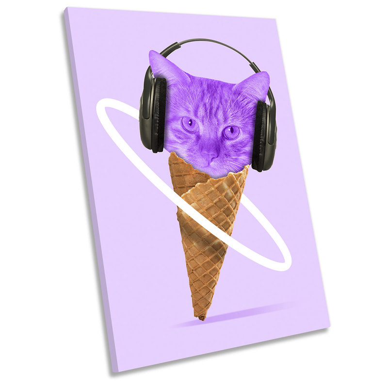 Cat Ice Cream Headphones Picture Pink - Wrapped Canvas Art Prints, 137.2cm H x 91.4cm W x 4cm D