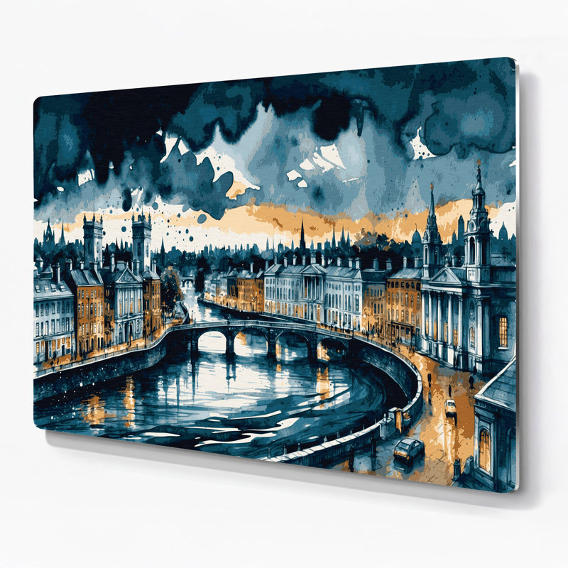 Art mural bleu en métal avec villes de Dublin en Irlande, H 11 po x l 14 po