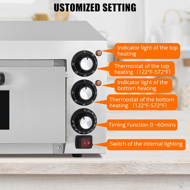 Commercial Pizza Oven Countertop, 1100W Stainless Steel Electric Pizza Oven, Indoor Pizza Maker with Timer/Crumb Tray, Single Deck Layer Pizza Cooker for Restaurant Home