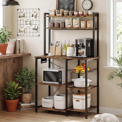 35.4''  Bakers Rack With Power Outlet, Stand Coffee Bar Kitchen Storage Rack With Wire Basket,microwave Stand，pantry, Home Organization, Rustic Brown