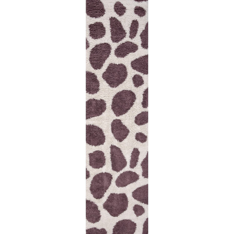 Moodi Modern Shaggy Area Rug Abstract Pebble Design, Runner 80 x 300 cm, Off-White/Purple