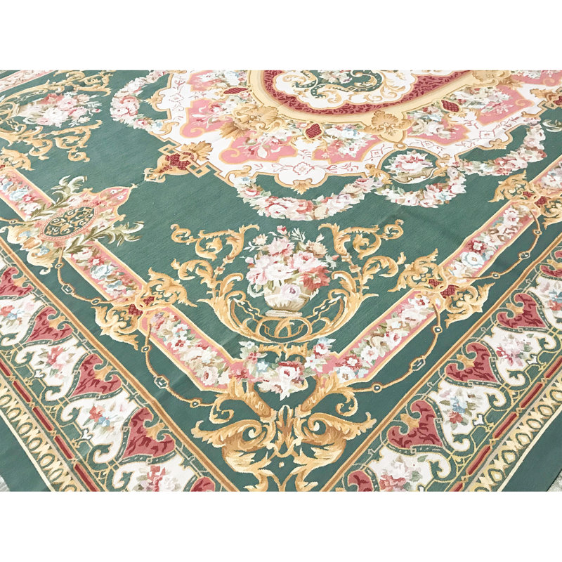 Hand-Knotted High-Quality Green and Green Area Rug
