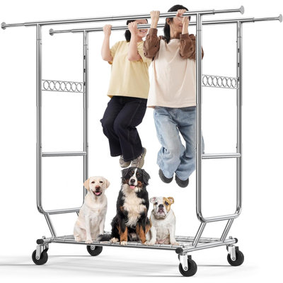  680 lbs Heavy Duty Clothing Garment Rack with Shelves Commercial Grade Clothing Racks on Wheels Rolling Double Clothes Rack Portable Collapsible Adjustable