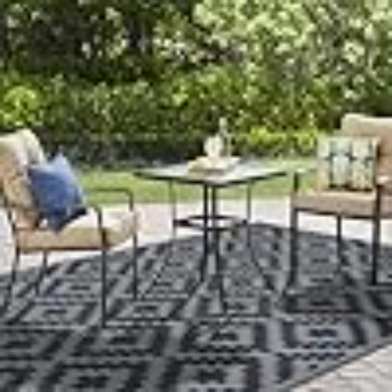 Waterproof Outdoor Rug 5X8 Ft, Plastic Reversible Rug, Modern Area Rug, Large Floor Mat For Outdoors, RV, Patio, Backyard, Deck, Picnic, Beach, Camping, Black Grey Lattice