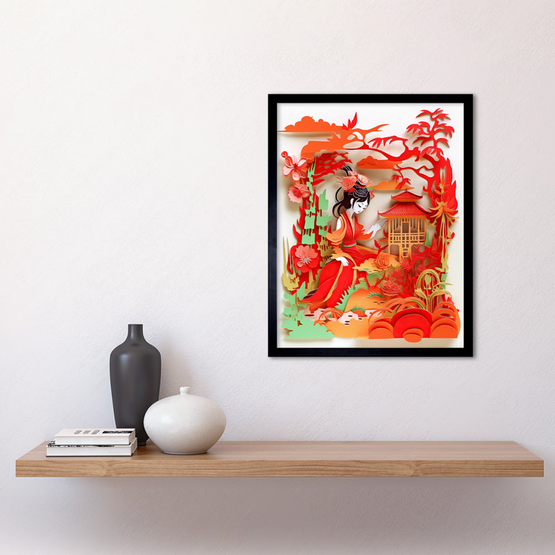 Woman By Red Temple Garden Kirigami Collage - Single Picture Frame Print