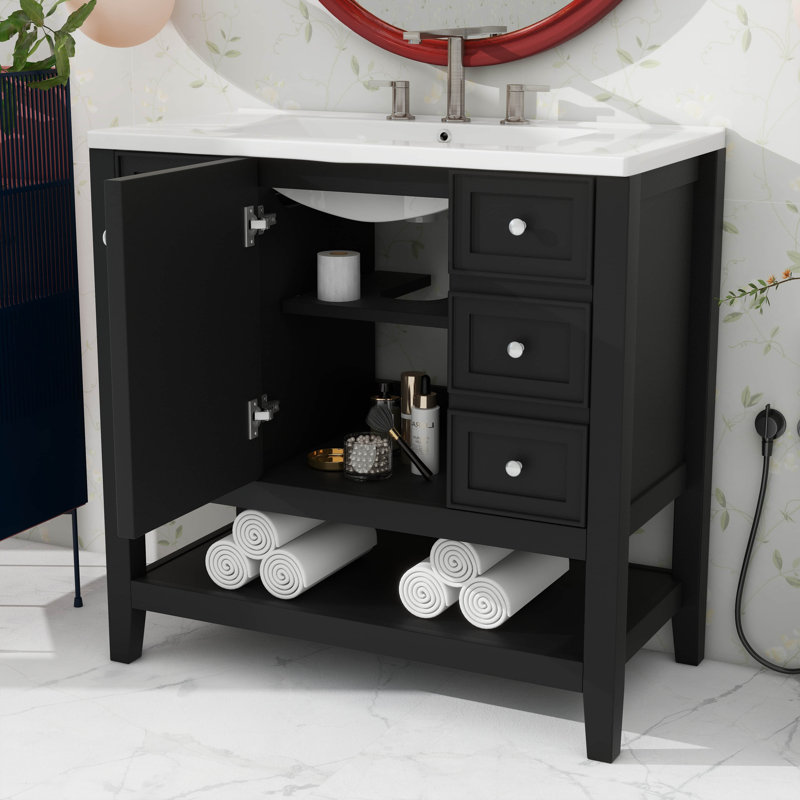 Meuble-lavabo de 36 po sans lavabo, armoire de salle de bain autoportante en bois avec une armoire et trois tiroirs pour la salle de bain