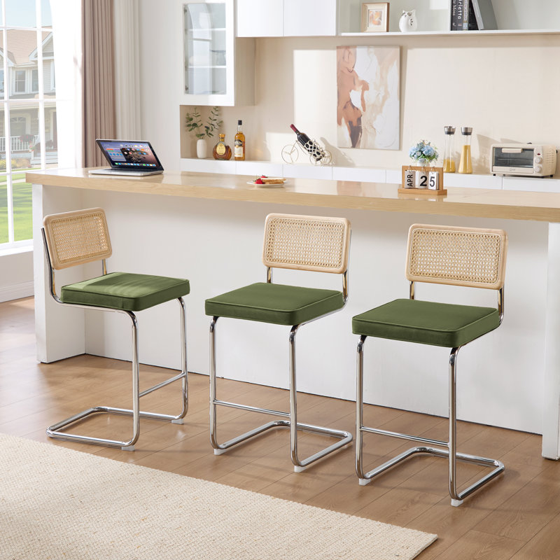Tabouret de comptoir rembourré 26 po Marlow, 3, Velours vert olive / structure chromée, Hauteur du siège de 26 po