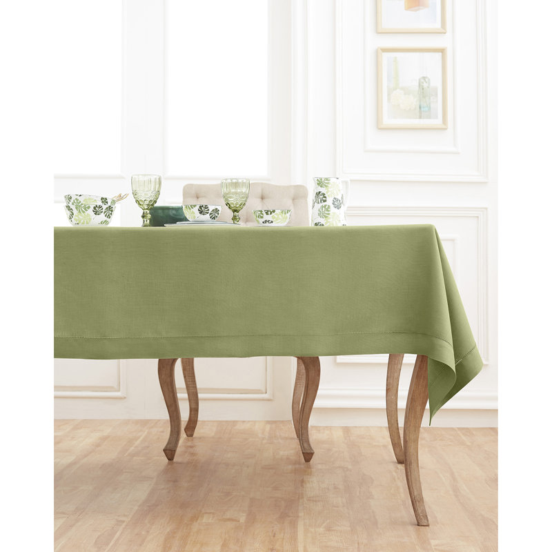 100% Pure Linen Hemstitch Table Cloth - Classic Hemstitch, Moss Green, 120" x 60"