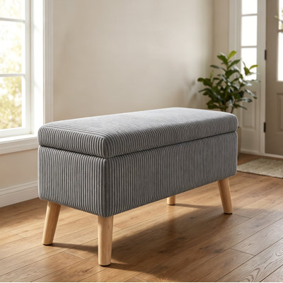 Banc de rangement en velours côtelé de 32 pouces de large gris olive avec pieds en bois, boîte de rangement rabattable, banc de bout rembourré doux, repose-pieds et banc à chaussures pour chambre à coucher, salon, entrée