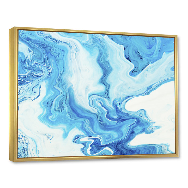 Encre liquide bleue et blanche I, reproduction sur toile, Toile à cadre flottant doré, H 24 po x l 32 po