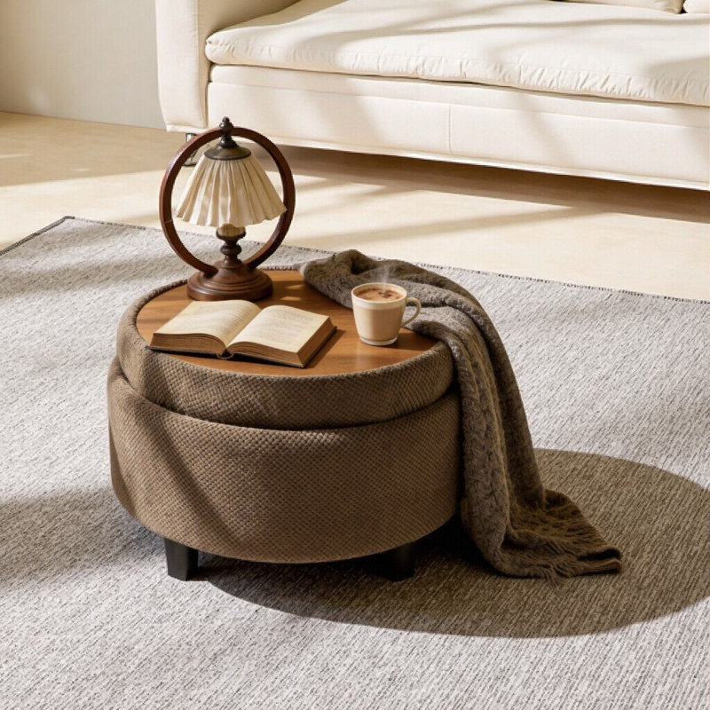 Repose-pieds de rangement rond de 25 pouces avec plateau, table basse moderne en tissu touffeté, repose-pieds rembourré avec plateau amovible pour le salon et la chambre à coucher