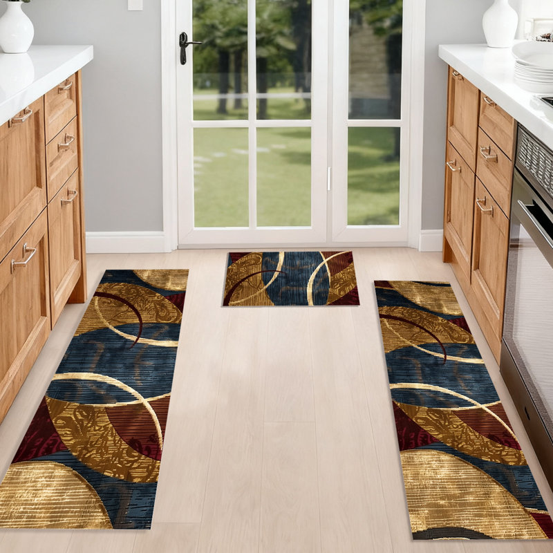 Machine Washable Non-SlipKitchen Mat(Set of 3), Blue/Brown Abstract