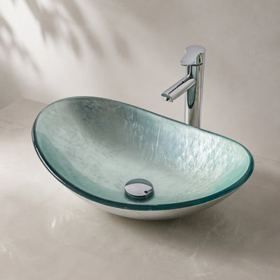 Lavabo de salle de bain vasque argenté en verre trempé pour salle de bain avec bonde escamotable chromée, lavabo de salle de bain argenté en forme de bateau au-dessus du comptoir (sans robinet)