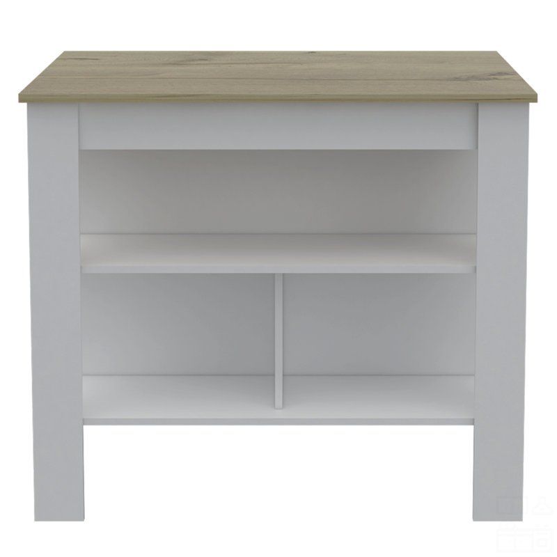 Îlot de cuisine, table de cuisine H 35 po, trois tablettes de rangement ouvertes, quatre pieds, Blanc / Chêne