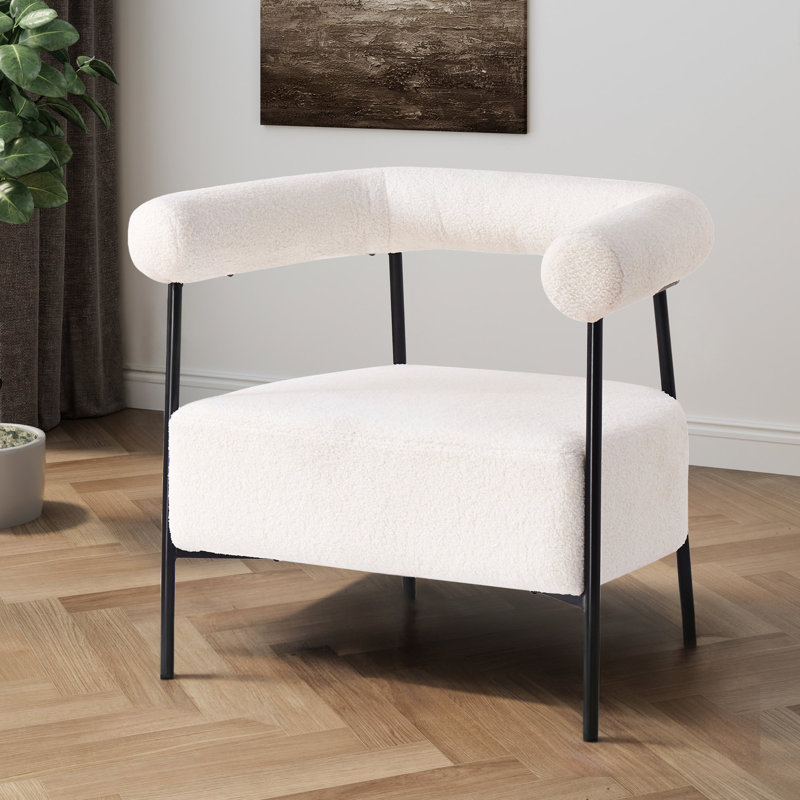 Chaise rembourrée Boucle en tissu blanc avec support d'accoudoirs en métal noir - Siège élégant et confortable