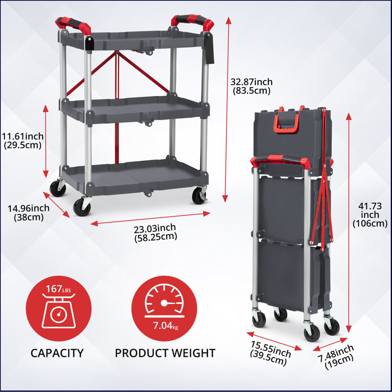 Foldable Utility Carts With Wheels, 3-tier Holds Folding Rolling Cart With Fixed Rope, Pack-n-roll Collapsible Service Cart For Home, Office, Garage, And Warehouse - No Assembly Required