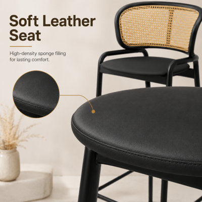 Tabouret de bar à hauteur de comptoir en cuir PU Daishun, chaise d'îlot de cuisine à dossier bas en osier moderne, tabouret de bar de luxe en acier inoxydable noir mat avec repose-pieds