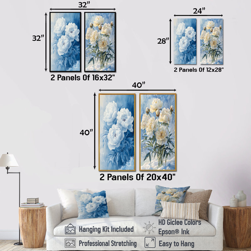 Pivoines givrées «Frost Kissed» - Collection de 2 panneaux de toiles florales, Cadre crème crème, H 28 po x l 25 po