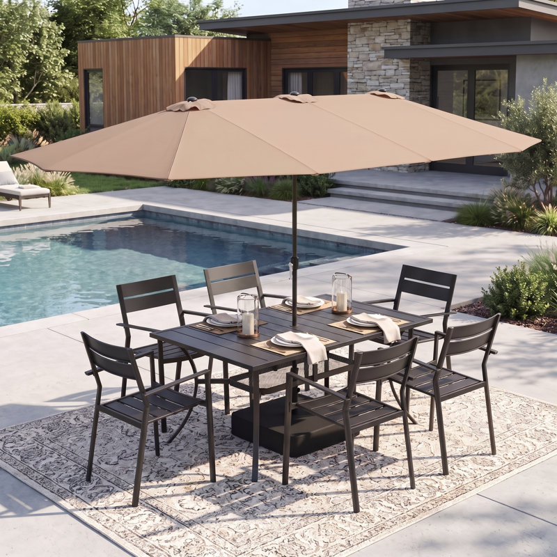 Ensemble de salle à manger d'extérieur pour 6 personnes avec chaises empilables avec accoudoirs et parasol de marché de 4 m.