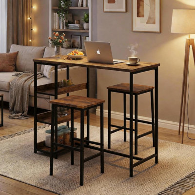 3 Piece Kitchen Table Set with 2 Bar Stools, Small Dining Table with Storage Shelf Industrial Iron Wood for Apartment Condo Studio