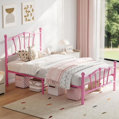 Twin Girls Bed – Heart Design, Pink, Heavy-Duty Metal by Alwyn Home