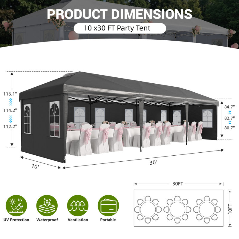 10' X 30' Pop Up Canopy Tent With 8 Removable Sidewalls, Waterproof Gazebo With Mosquito Netting, Easy Setup Instant Shelter For Patio, Backyard & Party, Black