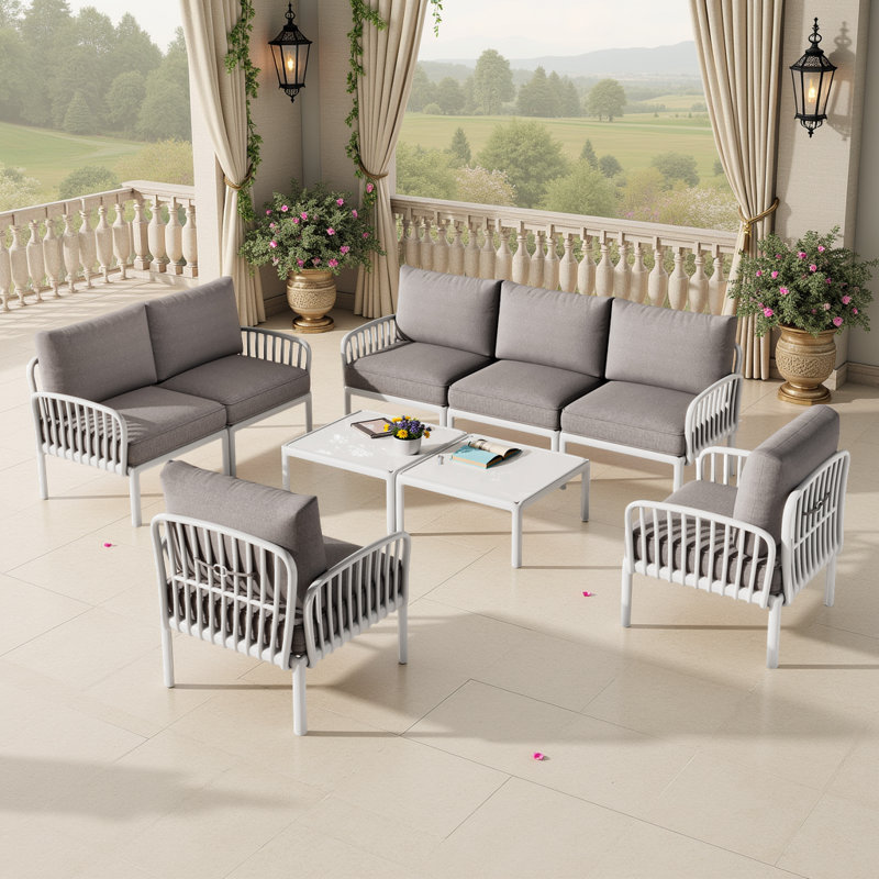 Ensemble de conversation d'extérieur 5 pièces avec coussins, causeuse, canapé 3 places et table en verre, Gris clair, Blanc