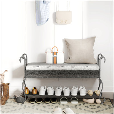 Banc de hall d'entrée rembourré avec range-chaussures, design industriel pour les petits espaces, siège confortable et élégant