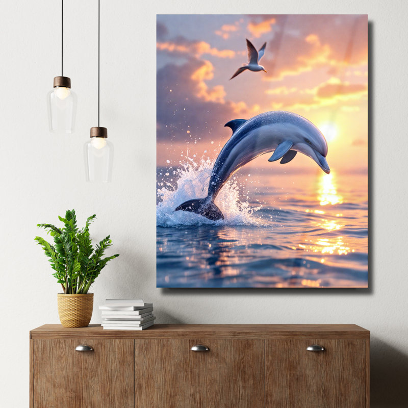 Art mural en verre trempé dauphin, 40" H x 30" W