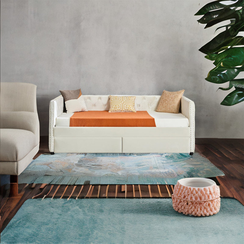 Lit de jour rembourré Leandra, Simple, Beige, Tiroir inclus