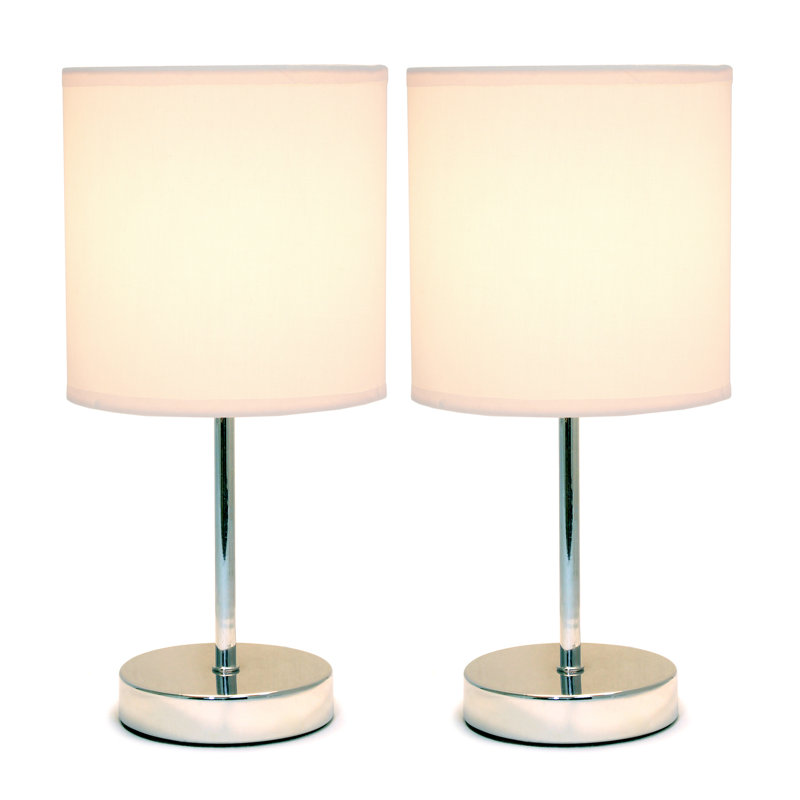 Chrome Mini Basic Table Lamp with Fabric Shade 2 Pack Set, Pink, Silver